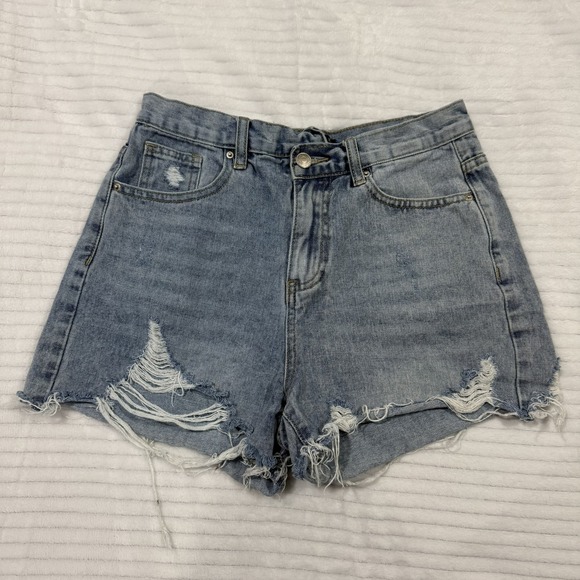 Eyeshock Pants - Eyeshock Womens Distressed Denim Shorts Light Wash Blue High Waisted Size M